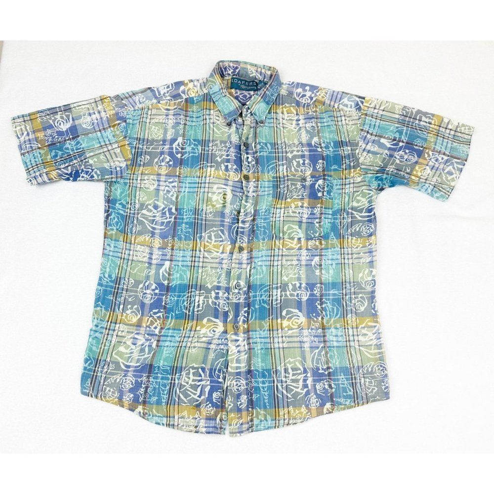Vintage 90s Loafers Shirt Large Plaid Floral Button Front Beach Surf Skate
